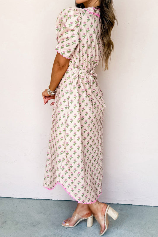 Pink Floral Scallop Trim Long Dress FB