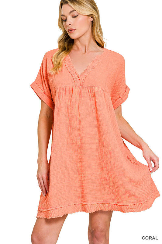 Zenana Double Gauze Raw Edge Dress RTS