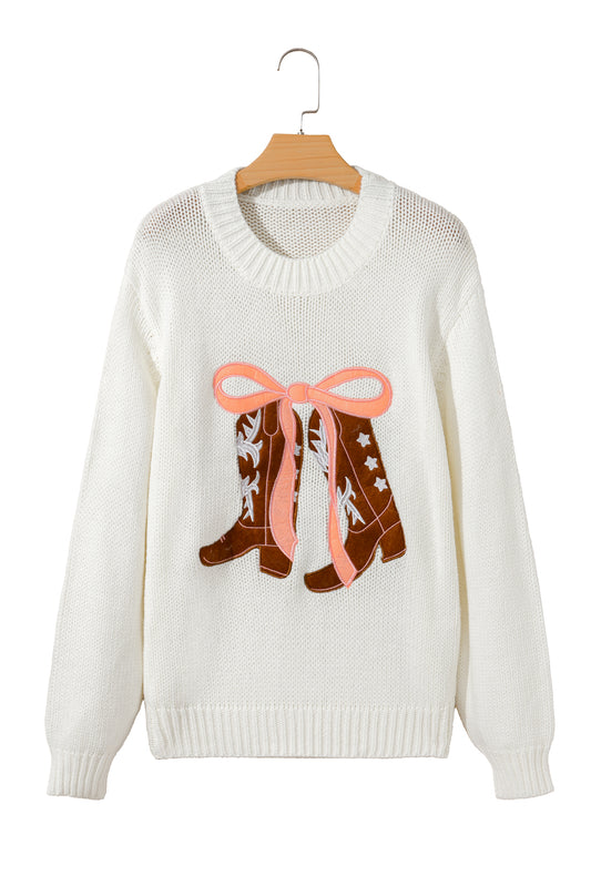 White Embroidered Bow Boots Graphic Drop Shoulder Sweater