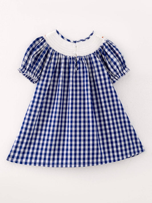 Thanksgiving Turkey Pumpkin Smocking Embroidery Blue Plaid Girls Dress