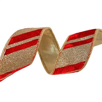 RED VELVET W/ GOLD GLITTER DIAGONAL STRIPE 1.5"X10YD