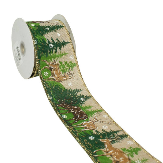 2 1/2" Wired Reindeer Tree Ribbon Natural/Green 10 Yards