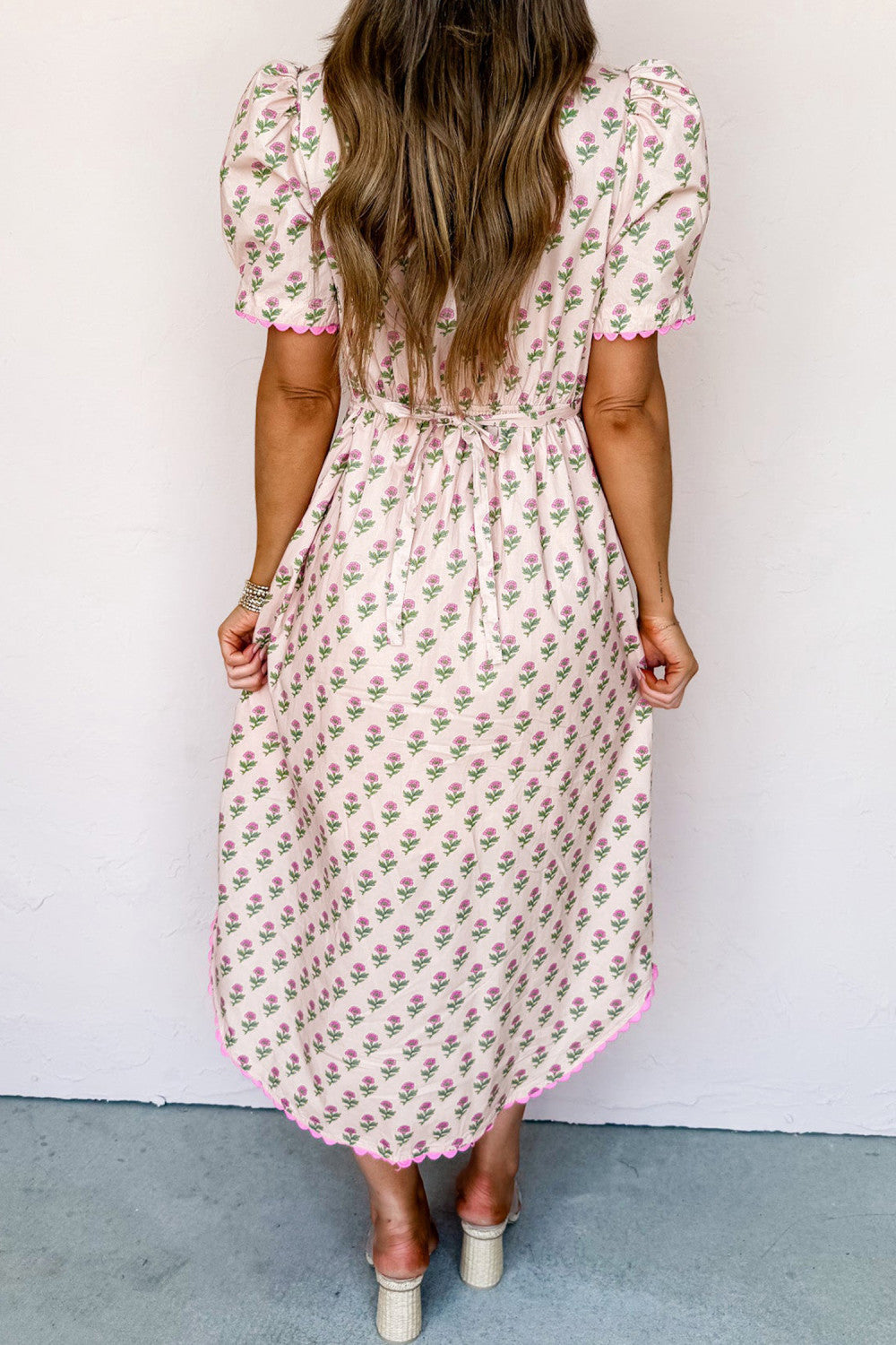 Pink Floral Scallop Trim Long Dress FB