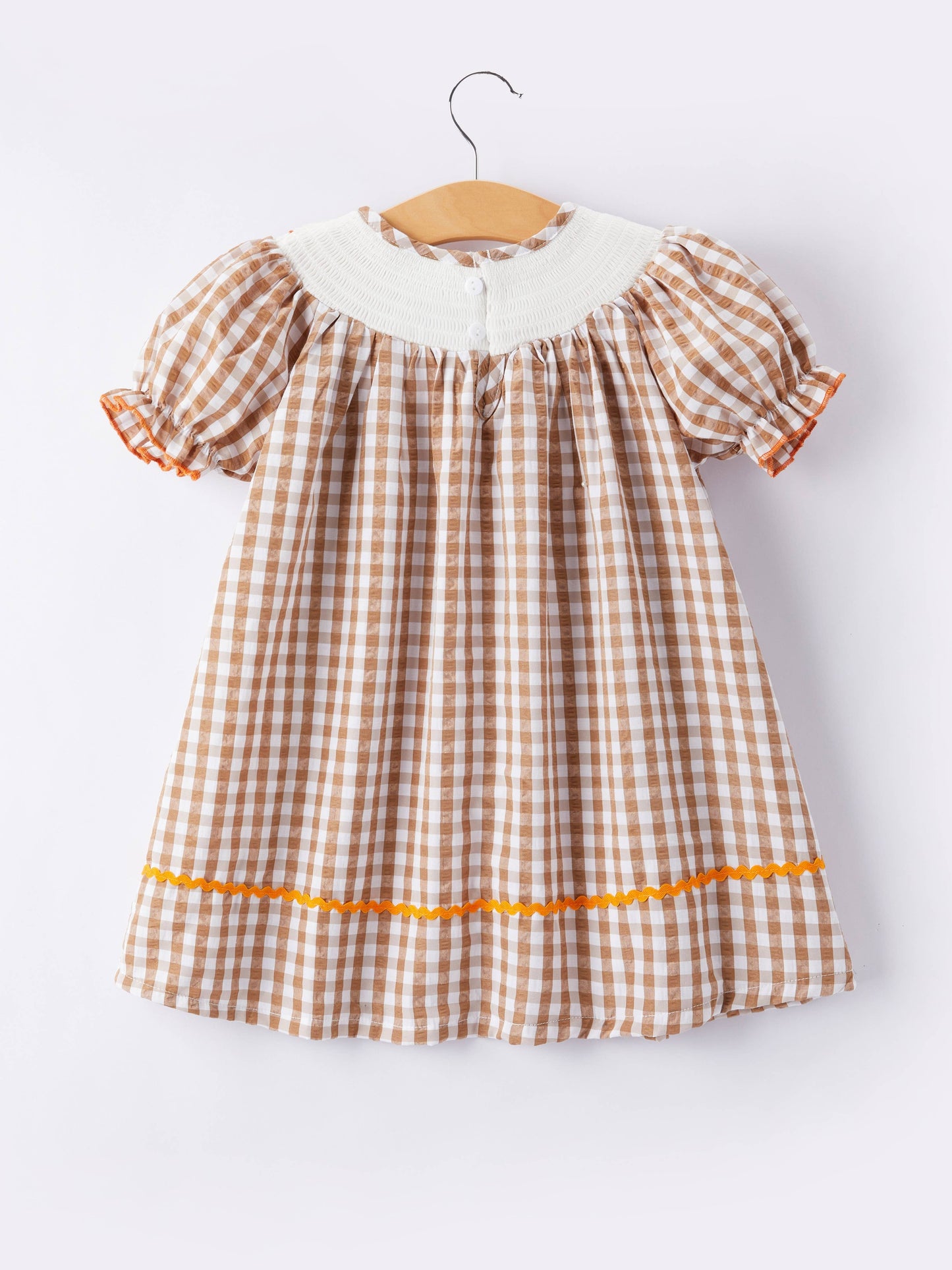 Girls Thanksgiving Smocking Embroidered Brown Plaid Dress