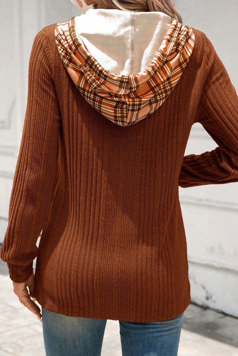 Ribbed Plaid Hooded Top LT