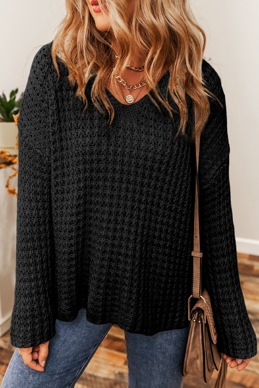 Black Hollow Crochet Sweater RTS
