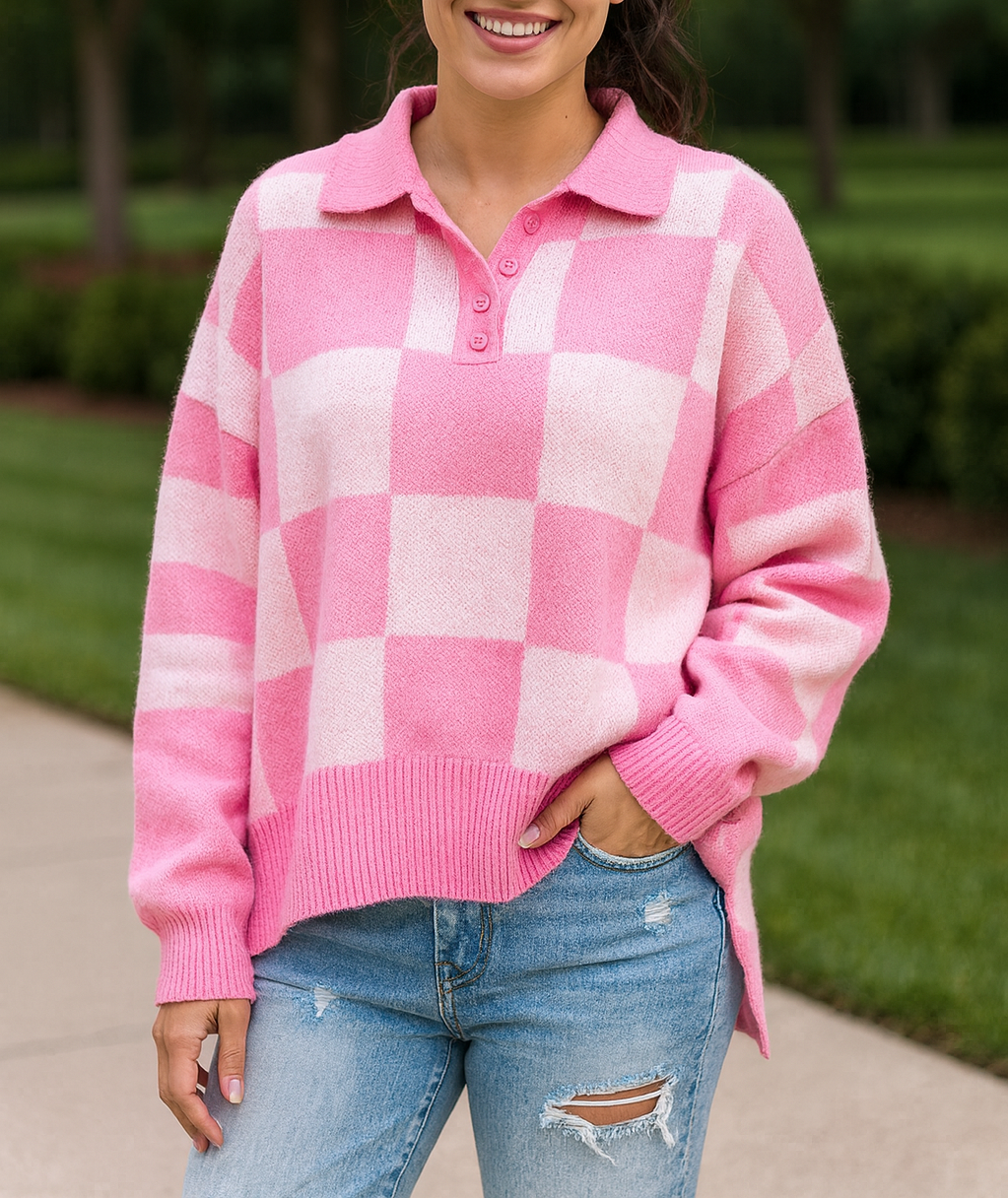 Pink Checkerboard Sweater FB
