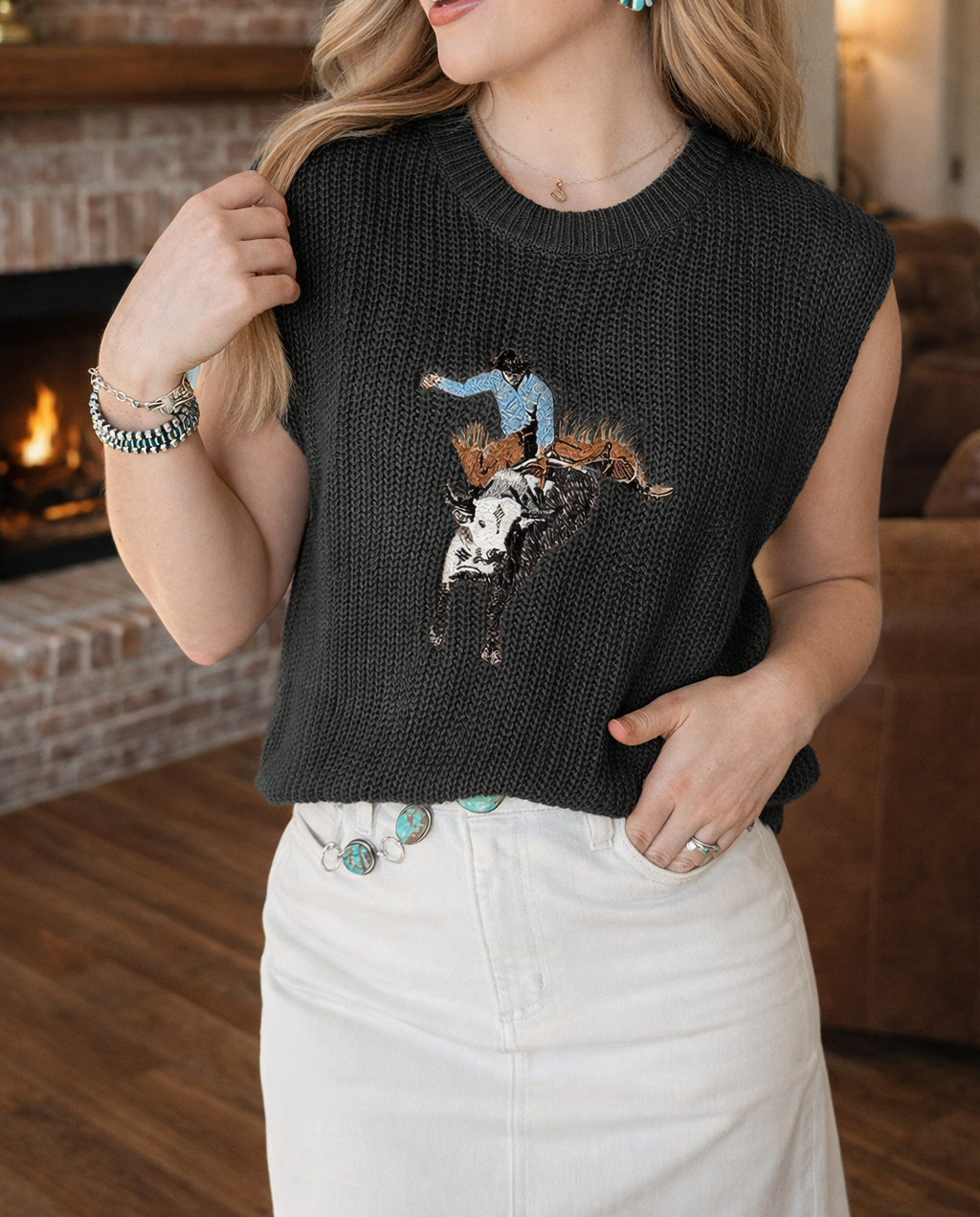 Black Western Embroidered Cowboy Sweater FB