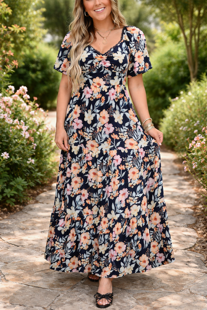 Blue Floral Smocked Maxi Dress FB