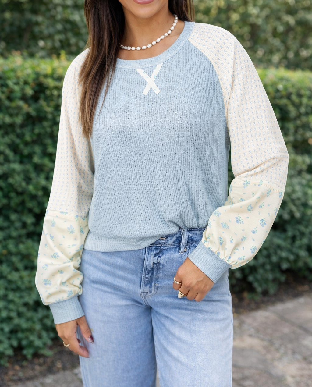 Blue Textured Floral Sleeve Top FB