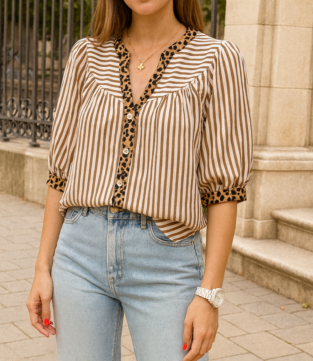 Brown Stripe Leopard Trim Shirt FB