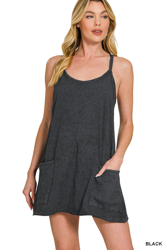 Acid Washed Mini Dress With Built-In Romper Liner Zenana New RTS