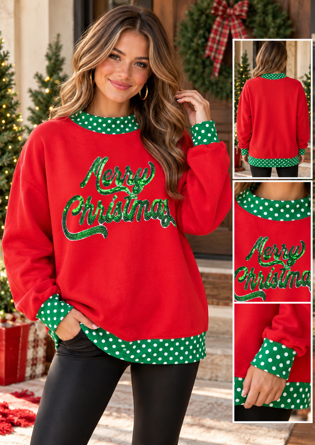 Merry Christmas Sequin Polka Dot Mock Neck