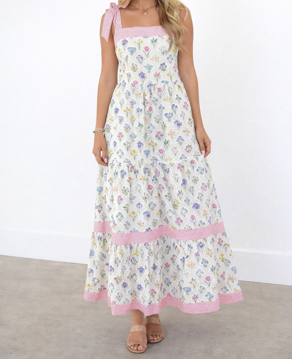 Floral Stripe Knot Strap Maxi Dress RTS