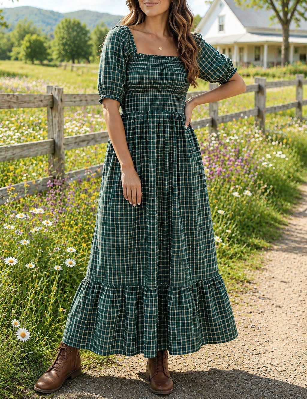 Green Plaid Ruffle Dress