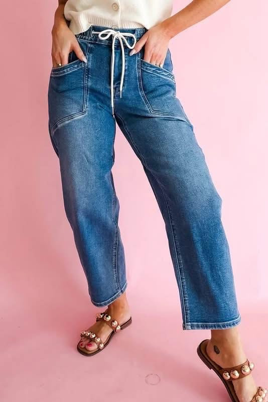 Pocket Drawstring Barrel Jeans