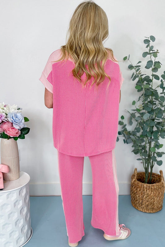 Pink Corded Patchwork Pants Set FB