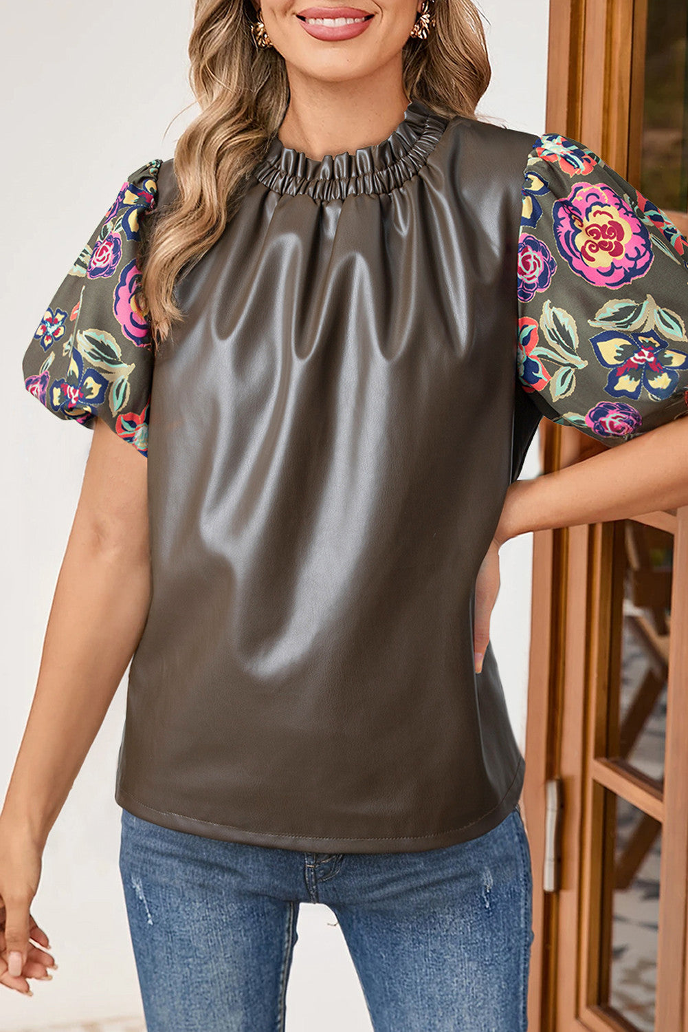 Leather Floral Sleeve Blouse FB