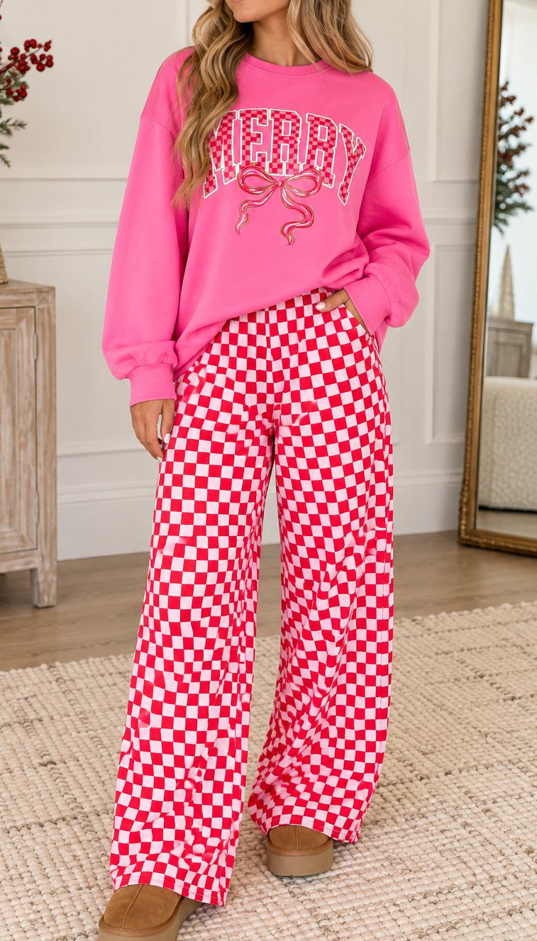 Pink MERRY Plaid Set
