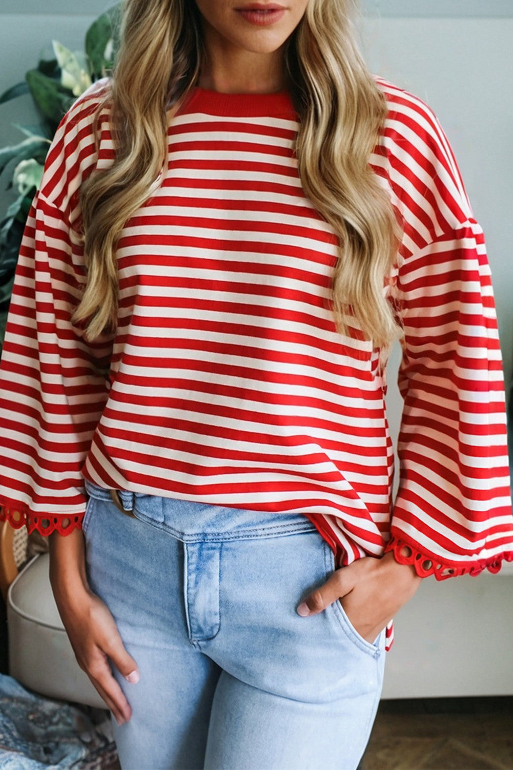 Red Lace Trim Stripe Top FB