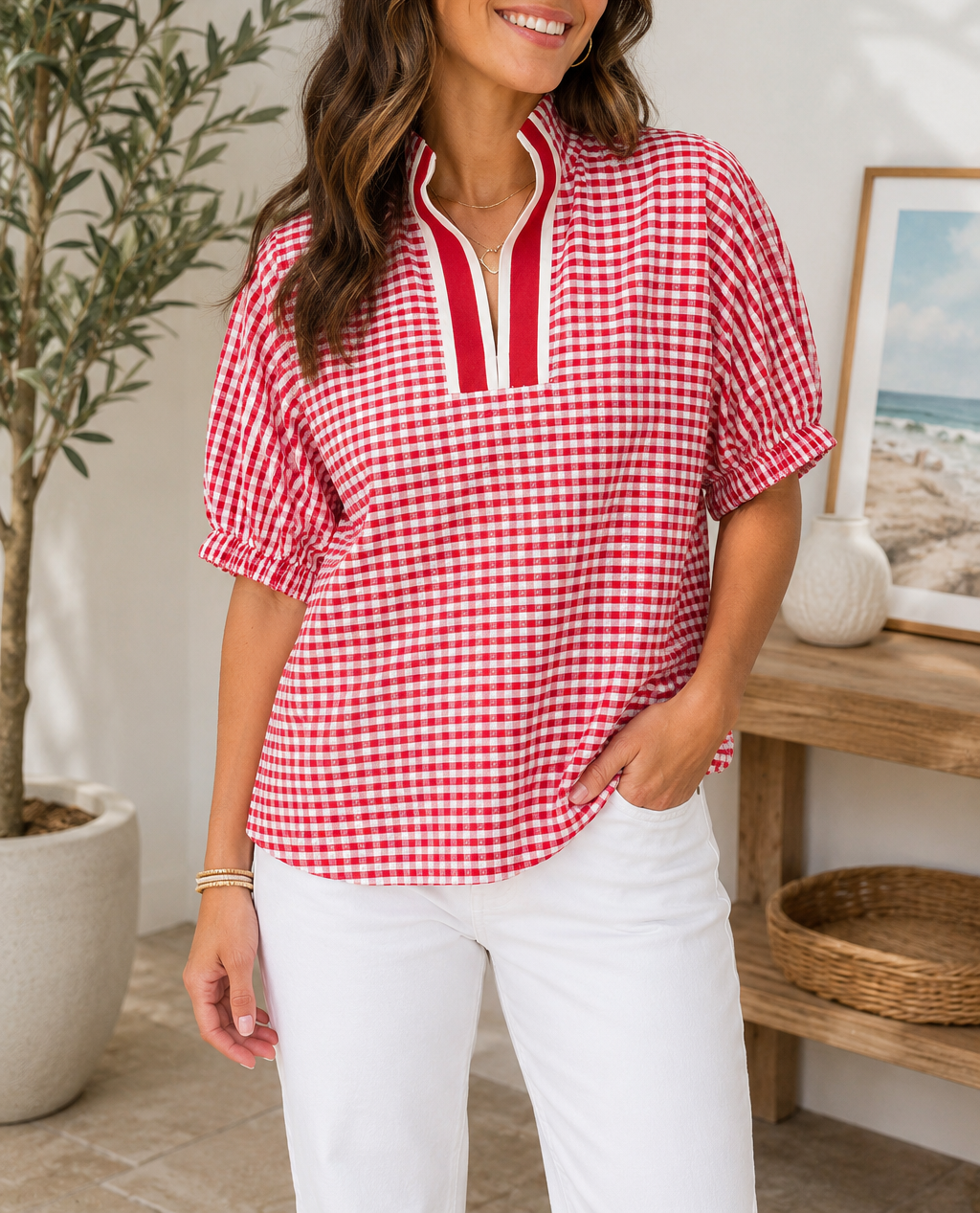 Plaid Trim Blouse RTS