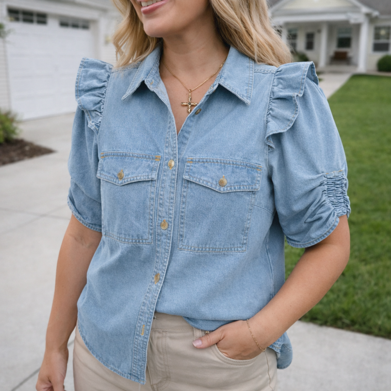 Ruffle Detail Button Denim Shirt FB