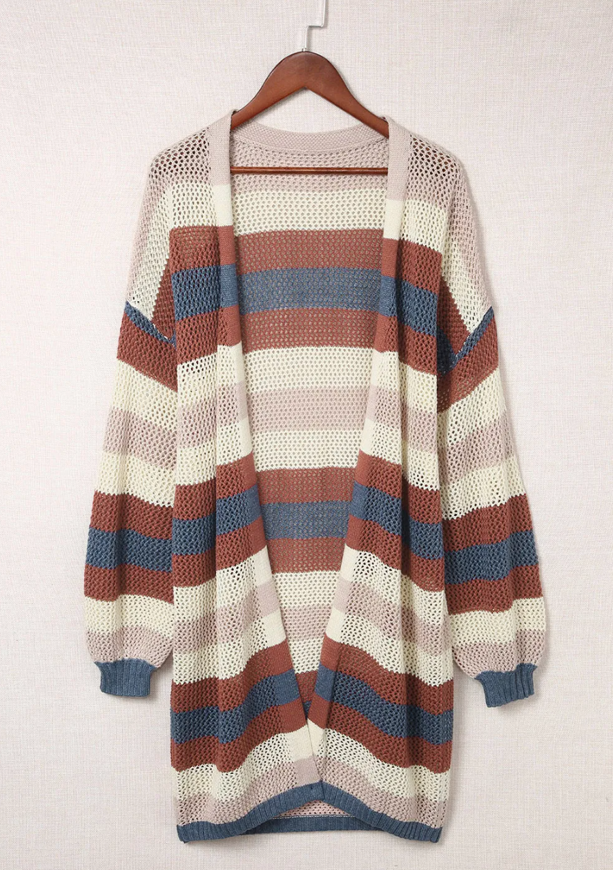 BLUE STRIPED HOLLOW KNIT CARDIGAN OOTD