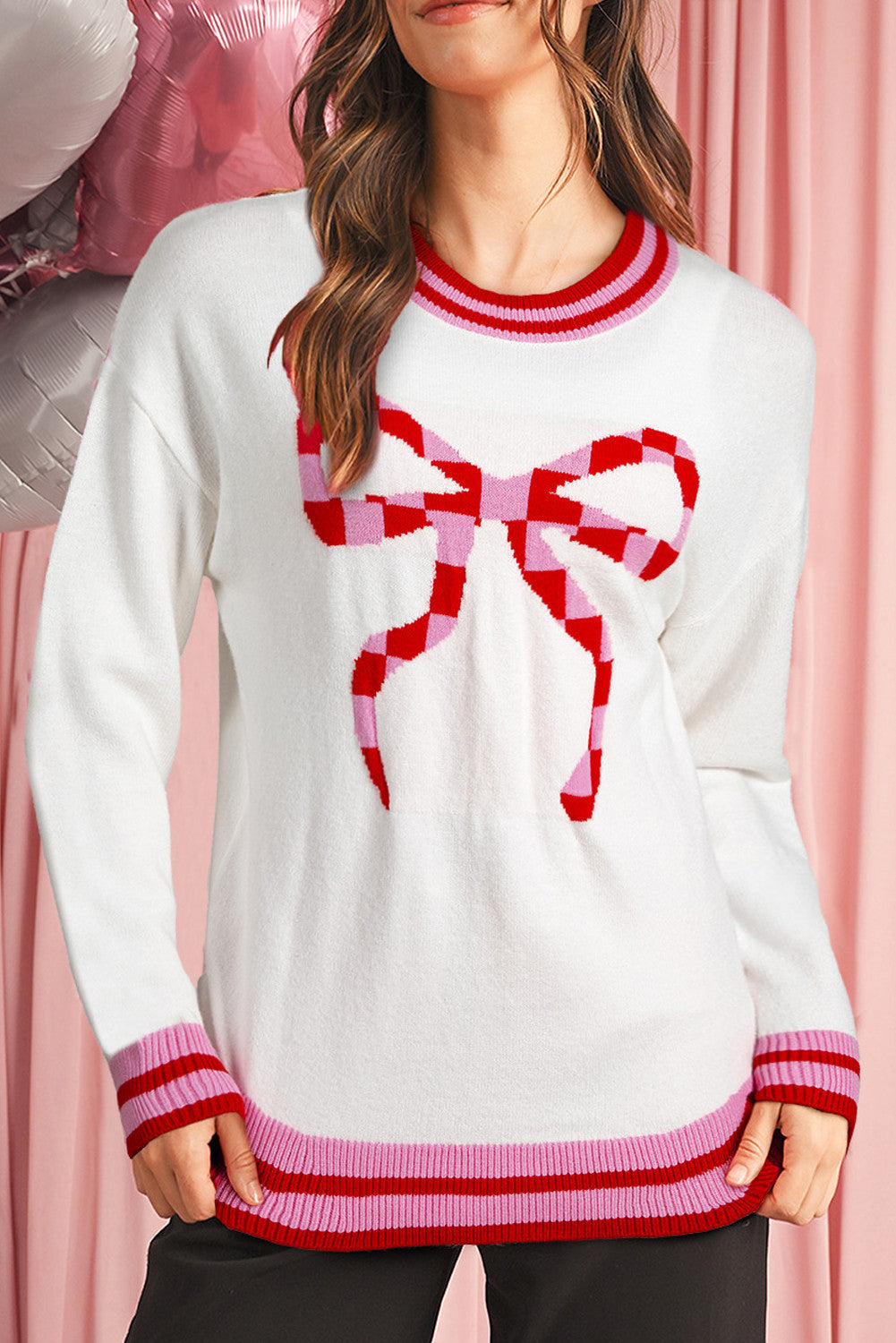 Striped Trim Bow Sweater FB
