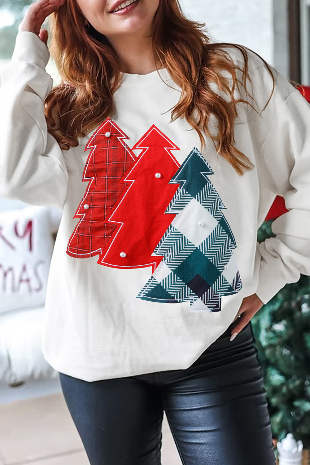 White Pearl Plaid Tree Sweatshirt LT