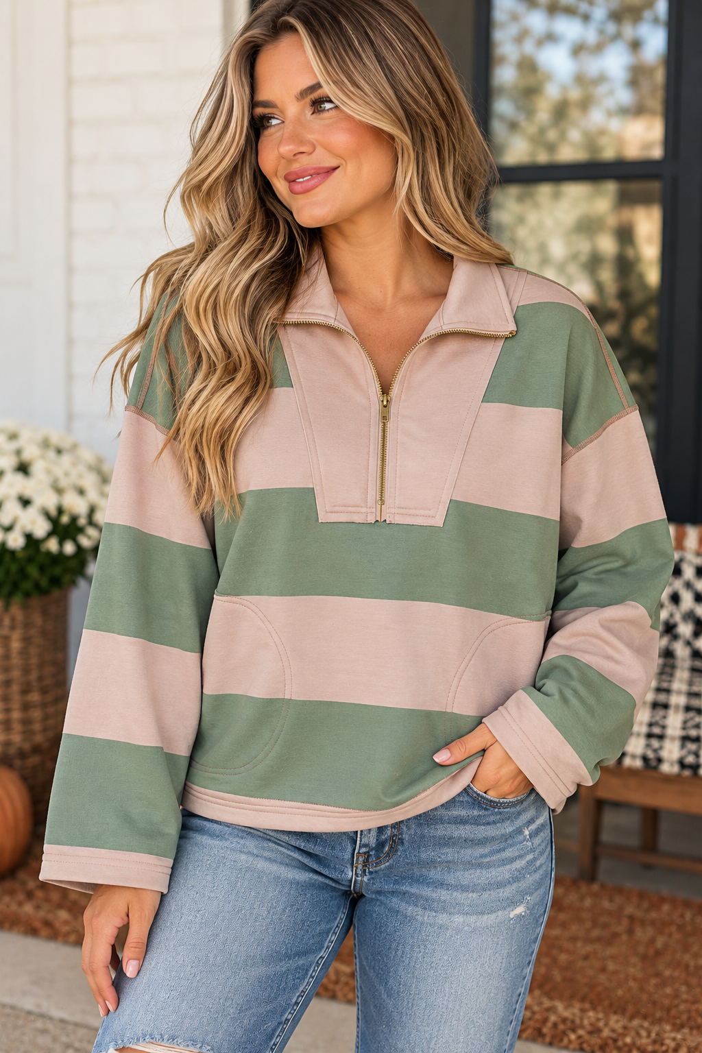 Stripe Colorblock Zipper Pullover