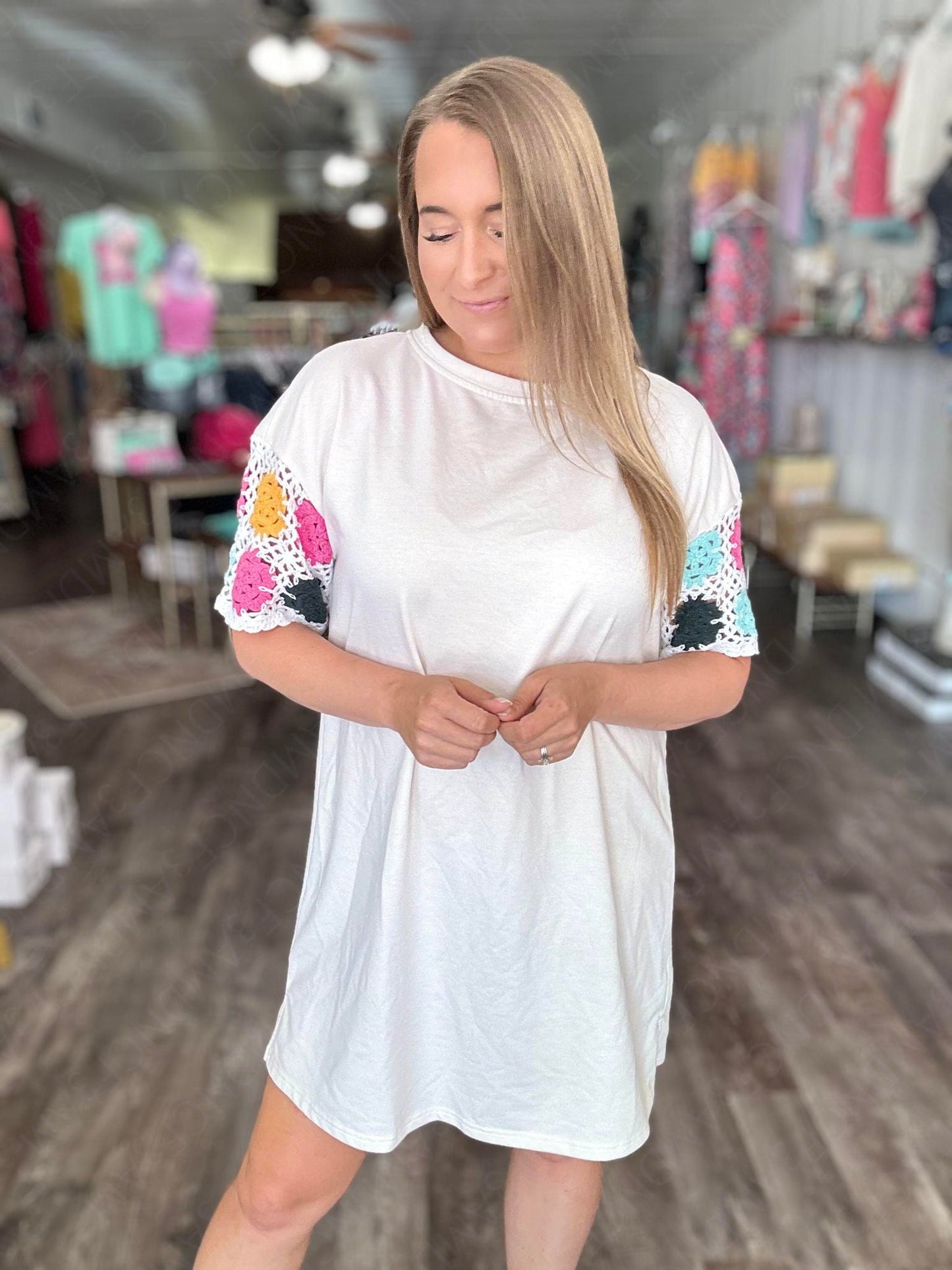 RTS: The Nina Crochet Sleeve Neutral T-Shirt Dress-