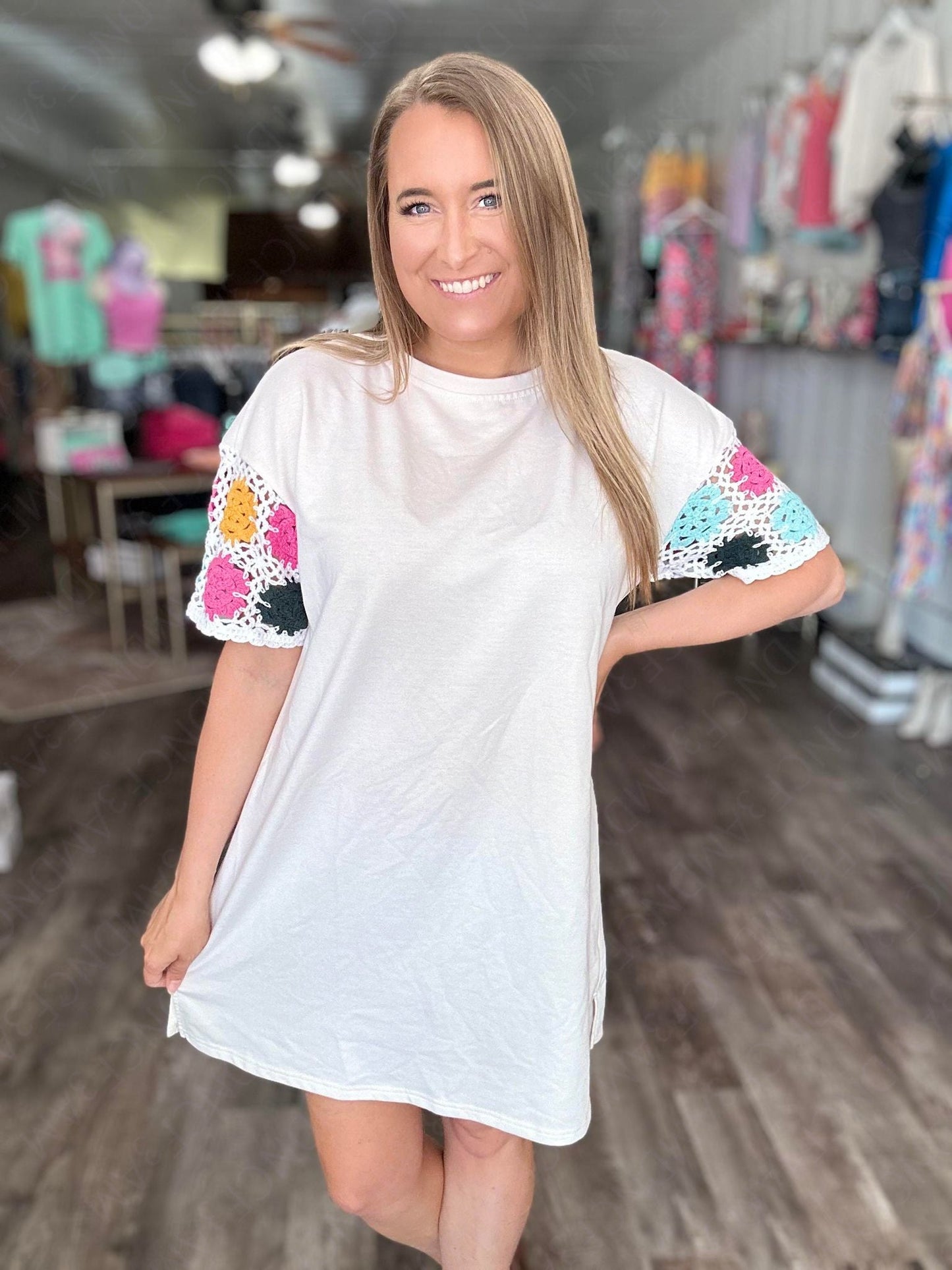 RTS: The Nina Crochet Sleeve Neutral T-Shirt Dress-