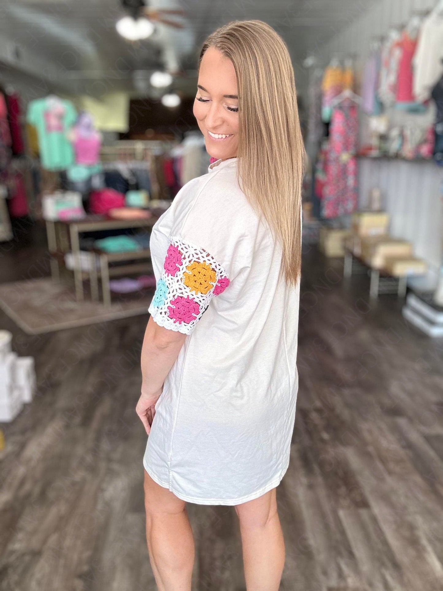 RTS: The Nina Crochet Sleeve Neutral T-Shirt Dress-