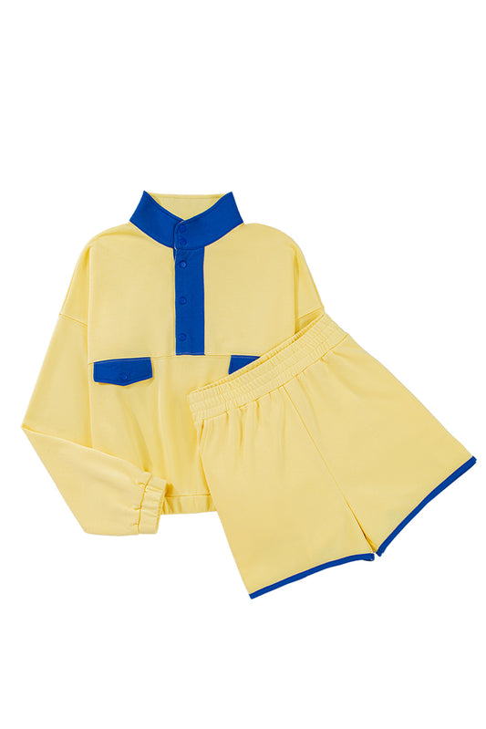 Yellow Colorblock Patchwork Half Button Pullover and Shorts Outfit