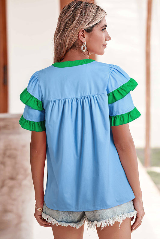 Mist Blue Ruffle Trim V-Neck Puff Sleeve Blouse