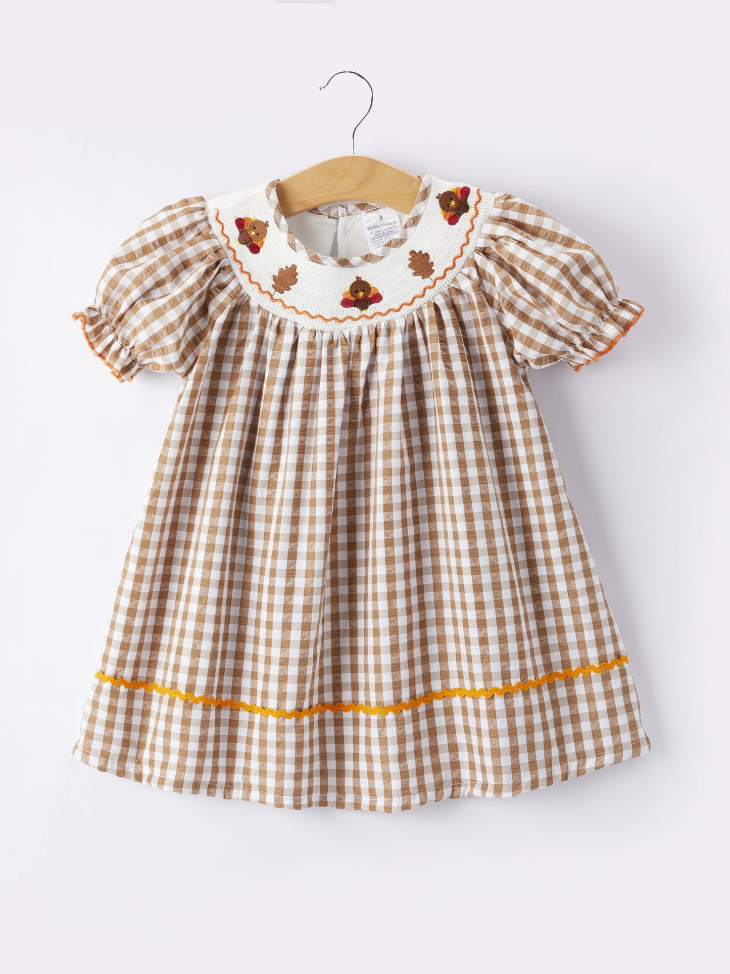 Girls Thanksgiving Smocking Embroidered Brown Plaid Dress