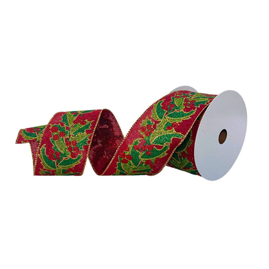 Red Fancy Schmancy Holly Garland Ribbon 2.5" x 10yd