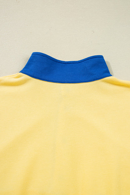 Yellow Colorblock Patchwork Half Button Pullover and Shorts Outfit