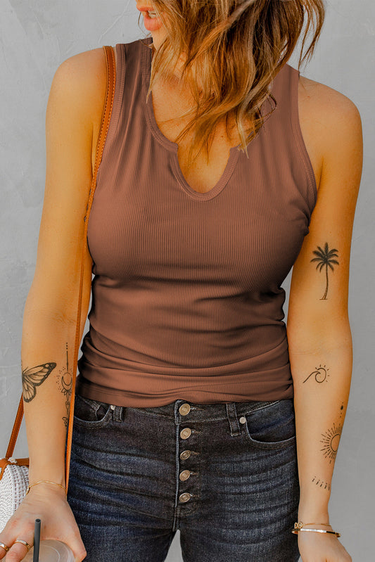 Casual Split Neck Ribbed Knit Tank Top