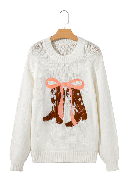 White Embroidered Bow Boots Graphic Drop Shoulder Sweater
