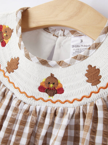 Girls Thanksgiving Smocking Embroidered Brown Plaid Dress