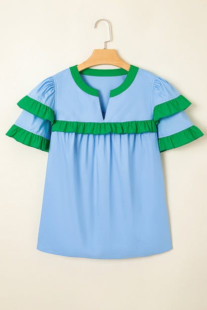 Mist Blue Ruffle Trim V-Neck Puff Sleeve Blouse
