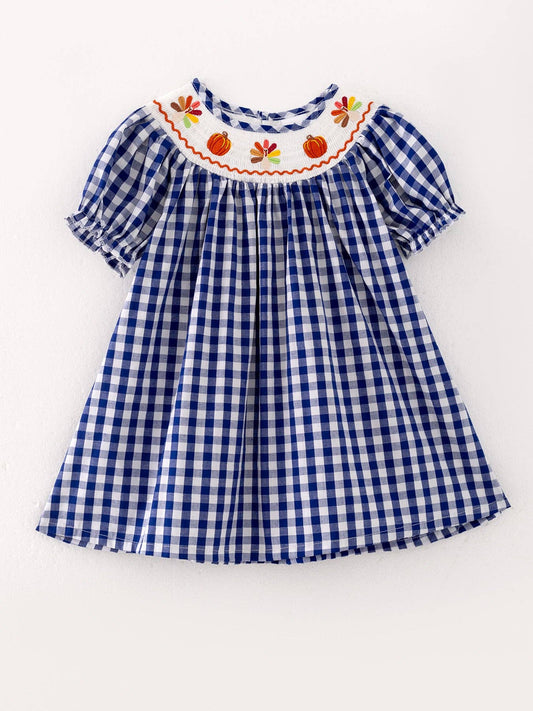Thanksgiving Turkey Pumpkin Smocking Embroidery Blue Plaid Girls Dress