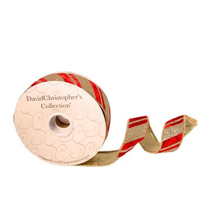 RED VELVET W/ GOLD GLITTER DIAGONAL STRIPE 1.5"X10YD