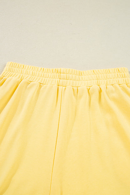 Yellow Colorblock Patchwork Half Button Pullover and Shorts Outfit