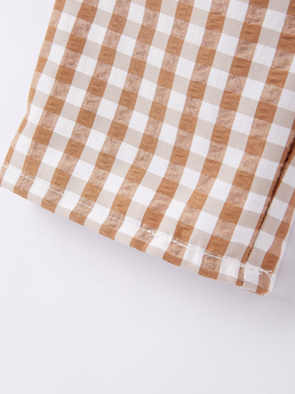 Boys Thanksgiving Smocking Embroidered Brown Plaid Outfit Set