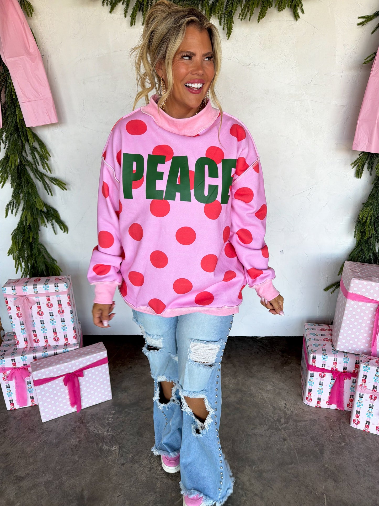 PREORDER- PEACE & POLKA DOT MOCK NECK PULLOVER