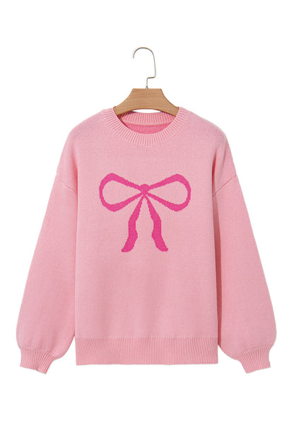 Pink Bow Round Neck Pullover Sweater