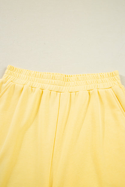 Yellow Colorblock Patchwork Half Button Pullover and Shorts Outfit