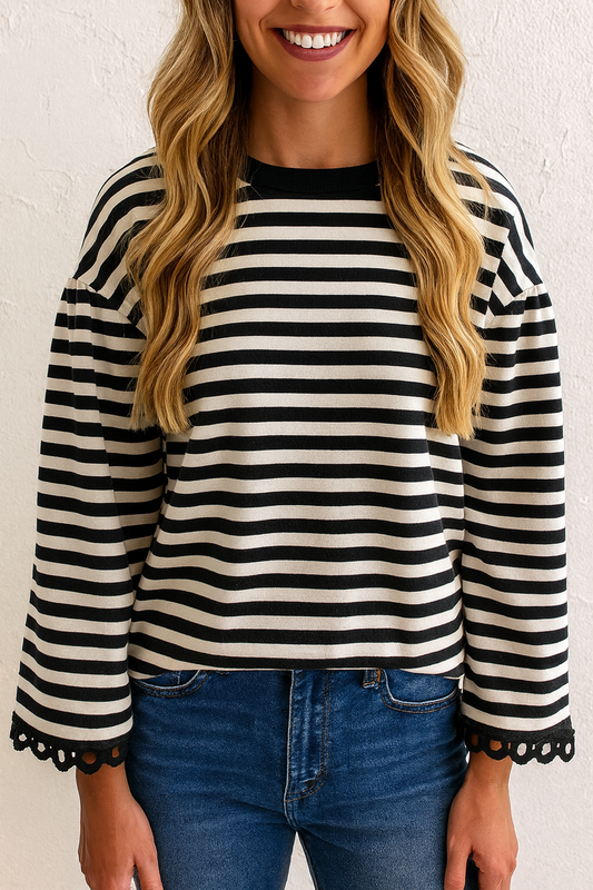 Black Striped Lace Trim Top LT
